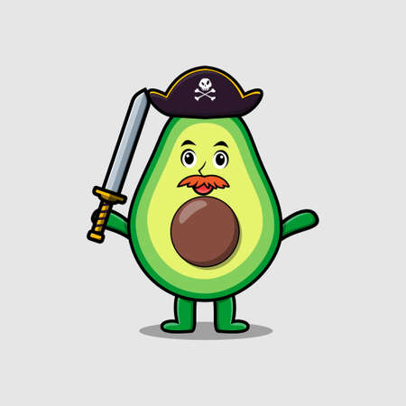 Cute cartoon mascot character avocado pirate with hat and holding sword in modern designのイラスト素材
