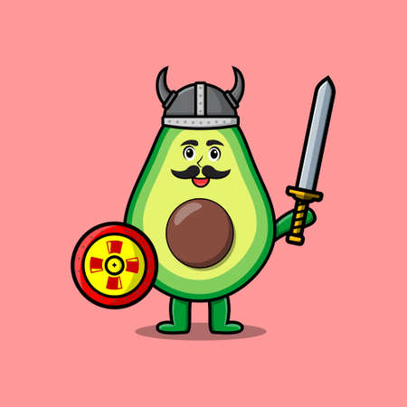 Cute cartoon character Avocado viking pirate with hat and holding sword and shield in cute modern style designのイラスト素材