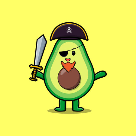 Cute cartoon mascot character avocado pirate with hat and holding sword in modern designのイラスト素材