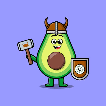 Cute cartoon character Avocado viking pirate with hat and holding hammer and shield in cute style designのイラスト素材
