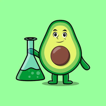 Cute cartoon mascot character avocado as scientist with chemical reaction glass in cute modern style designのイラスト素材