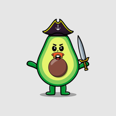 Cute cartoon mascot character avocado pirate with hat and holding sword in modern designのイラスト素材