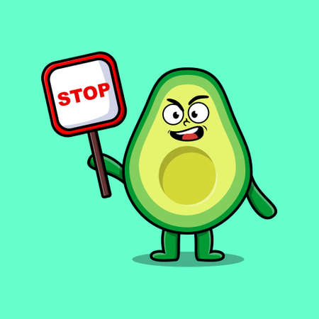 Cute Cartoon mascot illustration avocado with stop sign board vector drawing cute modern styleのイラスト素材