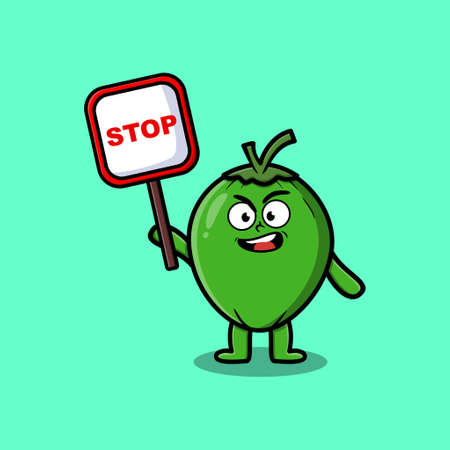 Cute Cartoon mascot illustration Coconut with stop sign board vector drawing cute modern styleのイラスト素材