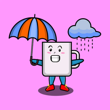 Cute cartoon mug character in the rain and using an umbrella in 3d modern style designのイラスト素材