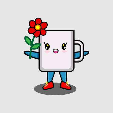 Cute cartoon mug character holding red flower in concept 3d cartoon styleのイラスト素材