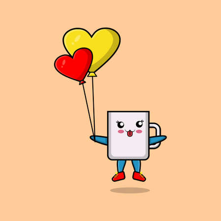 Cute cartoon mug floating with love balloon cartoon vector illustration in concept 3d cartoon styleのイラスト素材