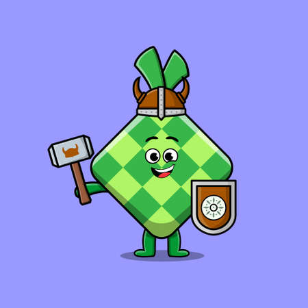 Cute cartoon character Ketupat viking pirate with hat and holding hammer and shield in cute styleのイラスト素材