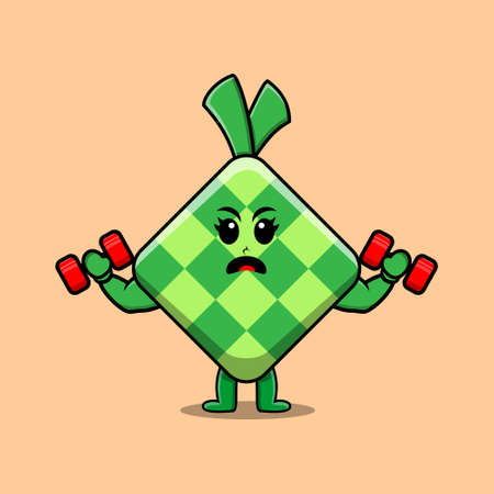 Cute cartoon ketupat character is fitness with barbell in modern style designのイラスト素材