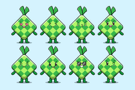 Set kawaii ketupat cartoon character with different expressions of cartoon face vector illustrationsのイラスト素材
