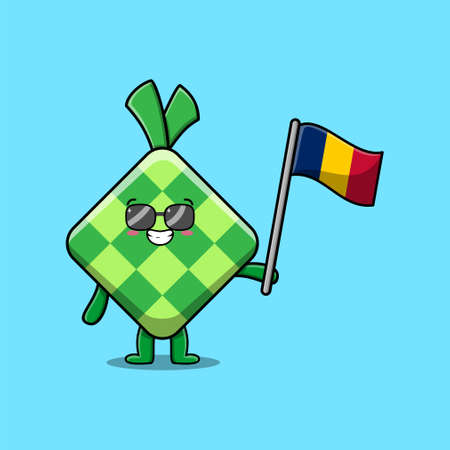 Cute cartoon Ketupat mascot character with Rumania flag in modern designのイラスト素材