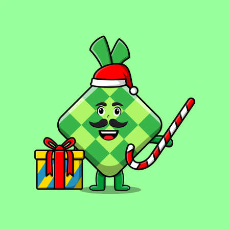 cute cartoon ketupat santa clause character is bringing candy cane and boxes christmas illustrationのイラスト素材