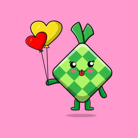 Cute cartoon ketupat floating with love balloon cartoon vector illustrationのイラスト素材