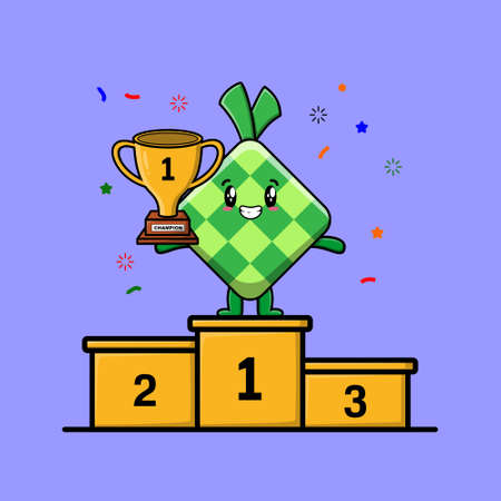 Cute cartoon ketupat as the first winner with happy expression in 3d modern style designのイラスト素材