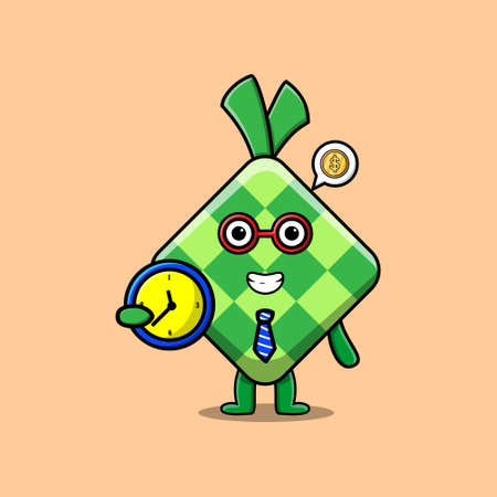 Cute cartoon ketupat character holding clock with happy expression in concept 3d cartoon styleのイラスト素材