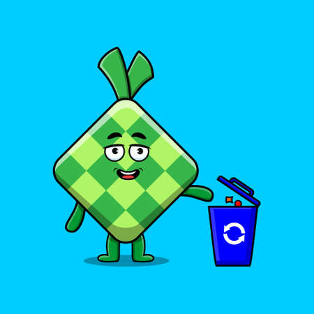 Cute cartoon ketupat throwing trash in the trash in 3d modern style designのイラスト素材