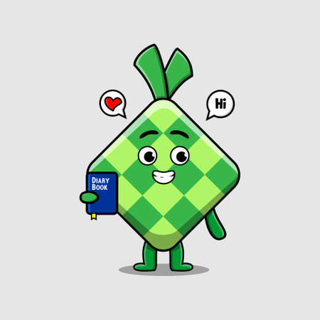 Cute cartoon ketupat character holding diary book with happy expression in concept 3d cartoon styleのイラスト素材