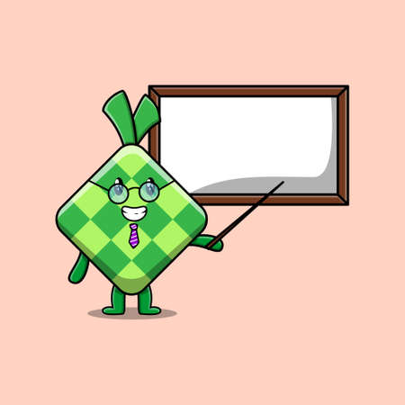 Cute cartoon ketupat teacher character teaching with whiteboard in 3d cartoon style conceptのイラスト素材