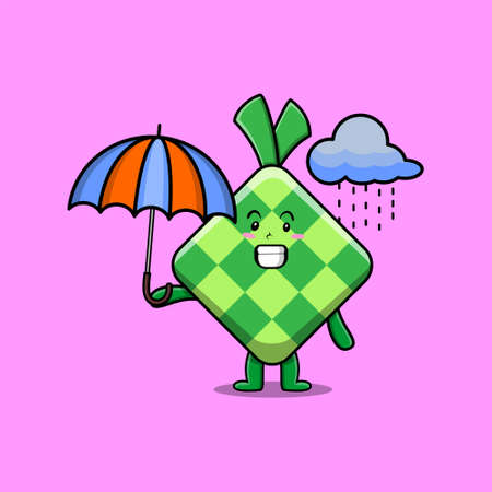 Cute cartoon ketupat character in the rain and using an umbrella in 3d modern style designのイラスト素材