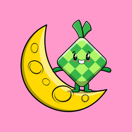 Cute cartoon Ketupat character standing on the crescent moon in 3d modern designのイラスト素材