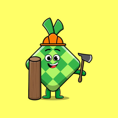 Cute cartoon ketupat as carpenter character with ax and wood in 3d modern style designのイラスト素材