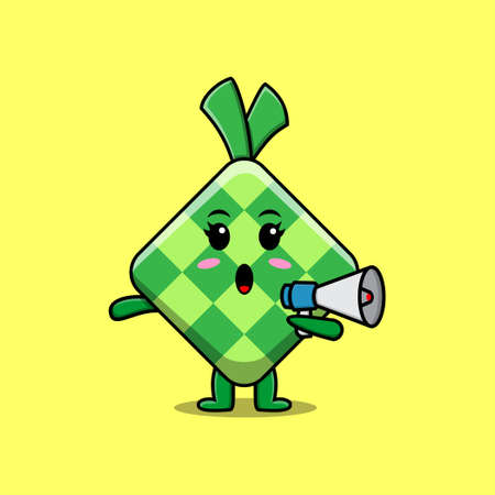 Cute Cartoon ketupat character speak with megaphone in 3d cartoon style conceptのイラスト素材