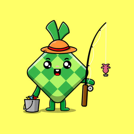 Cute cartoon ketupat ready fishing wearing fishing equipment cartoon character in concept 3d cartoonのイラスト素材