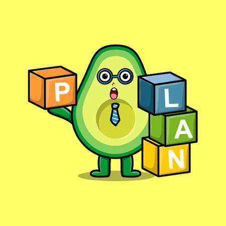 Cute cartoon avocado businessman stacking plan box in 3d modern style designのイラスト素材