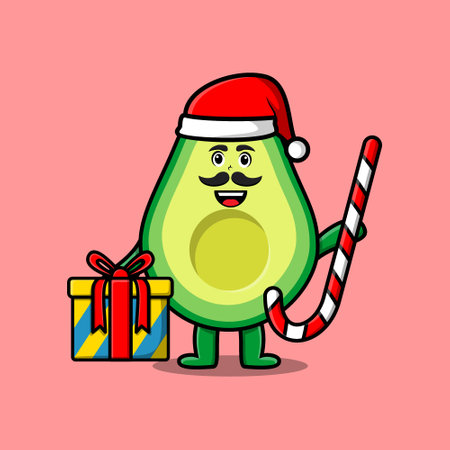 cute cartoon avocado santa clause character is bringing candy cane and boxes christmas illustrationのイラスト素材
