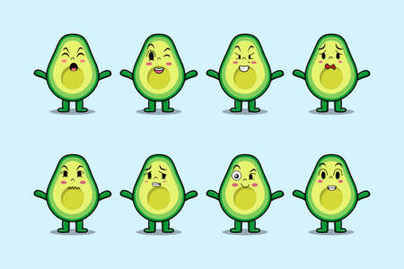 Set kawaii avocado cartoon character with different expressions of cartoon face vector illustrationsのイラスト素材