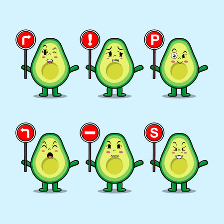 Cute avocado cartoon character holding traffic sign in modern 3d style designのイラスト素材