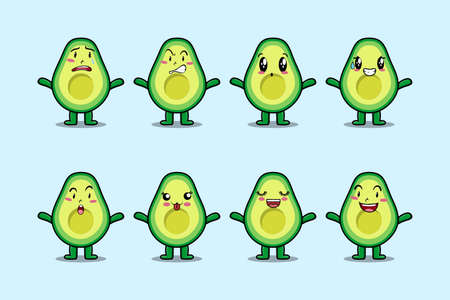 Set kawaii avocado cartoon character with different expressions of cartoon face vector illustrationsのイラスト素材