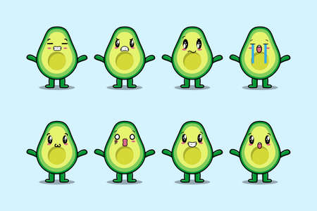 Set kawaii avocado cartoon character with different expressions of cartoon face vector illustrationsのイラスト素材