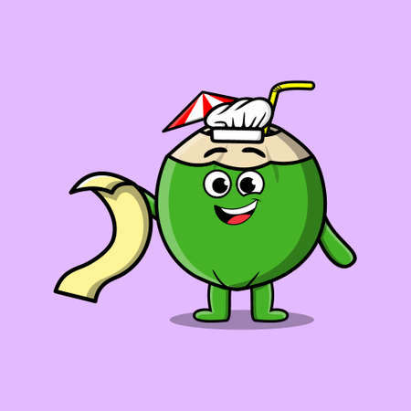 Cute cartoon Young coconut chef character with menu in handのイラスト素材