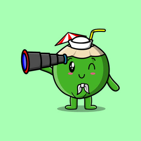 Cute cartoon Young coconut sailor with hat and using binocular cute modern style designのイラスト素材