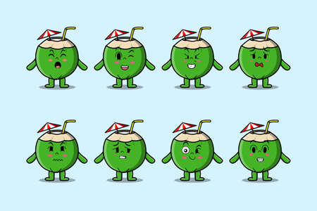Set kawaii coconut cartoon character with different expressions of cartoon face vector illustrationsのイラスト素材