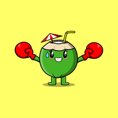 Cute Young coconut mascot cartoon playing sport with boxing gloves and cute stylish designのイラスト素材