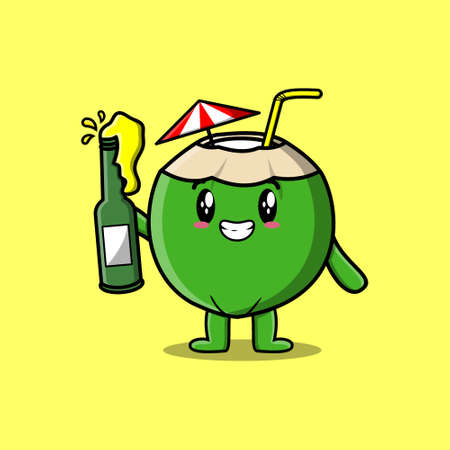 Cute cartoon character Young coconut with soda bottle in modern cute style designのイラスト素材