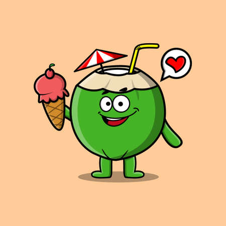 Cute Cartoon Young coconut character holding ice cream coneのイラスト素材