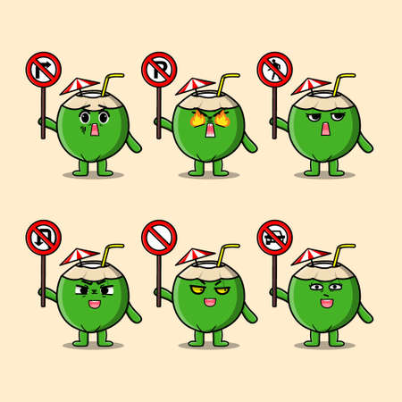 Cute Young coconut cartoon character holding traffic sign in modern 3d style designのイラスト素材