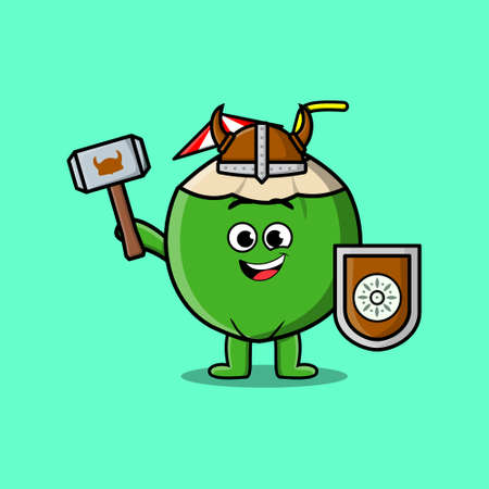 Cute cartoon character Young coconut viking pirate with hat and holding hammer and shieldのイラスト素材
