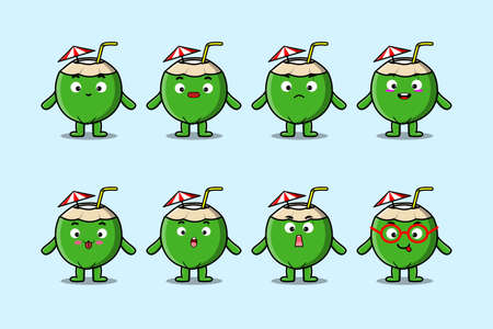 Set kawaii coconut cartoon character with different expressions of cartoon face vector illustrationsのイラスト素材