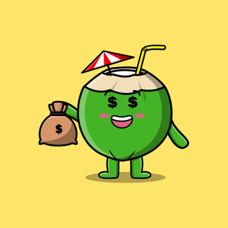 Cute cartoon Crazy rich Young coconut with money bag shaped funny in modern designのイラスト素材