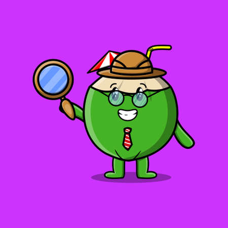 Cute cartoon character Young coconut detective is searching with magnifying glass and cute styleのイラスト素材