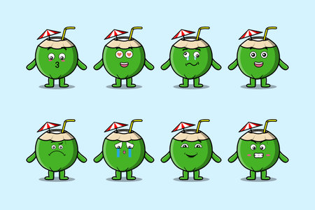 Set kawaii coconut cartoon character with different expressions of cartoon face vector illustrationsのイラスト素材