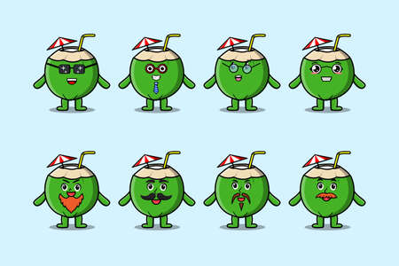 Set kawaii coconut cartoon character with different expressions of cartoon face vector illustrationsのイラスト素材