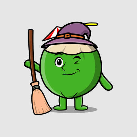 Cute cartoon witch shaped Young coconut character with hat and broomstickのイラスト素材