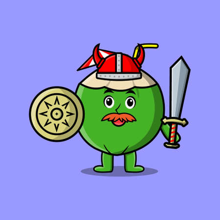 Cute cartoon character Young coconut viking pirate with hat and holding sword and shieldのイラスト素材