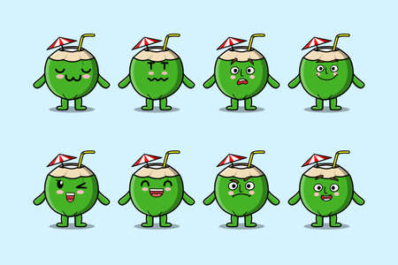 Set kawaii coconut cartoon character with different expressions of cartoon face vector illustrationsのイラスト素材