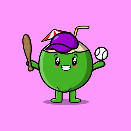 Cute cartoon Young coconut character playing baseball in modern style designのイラスト素材